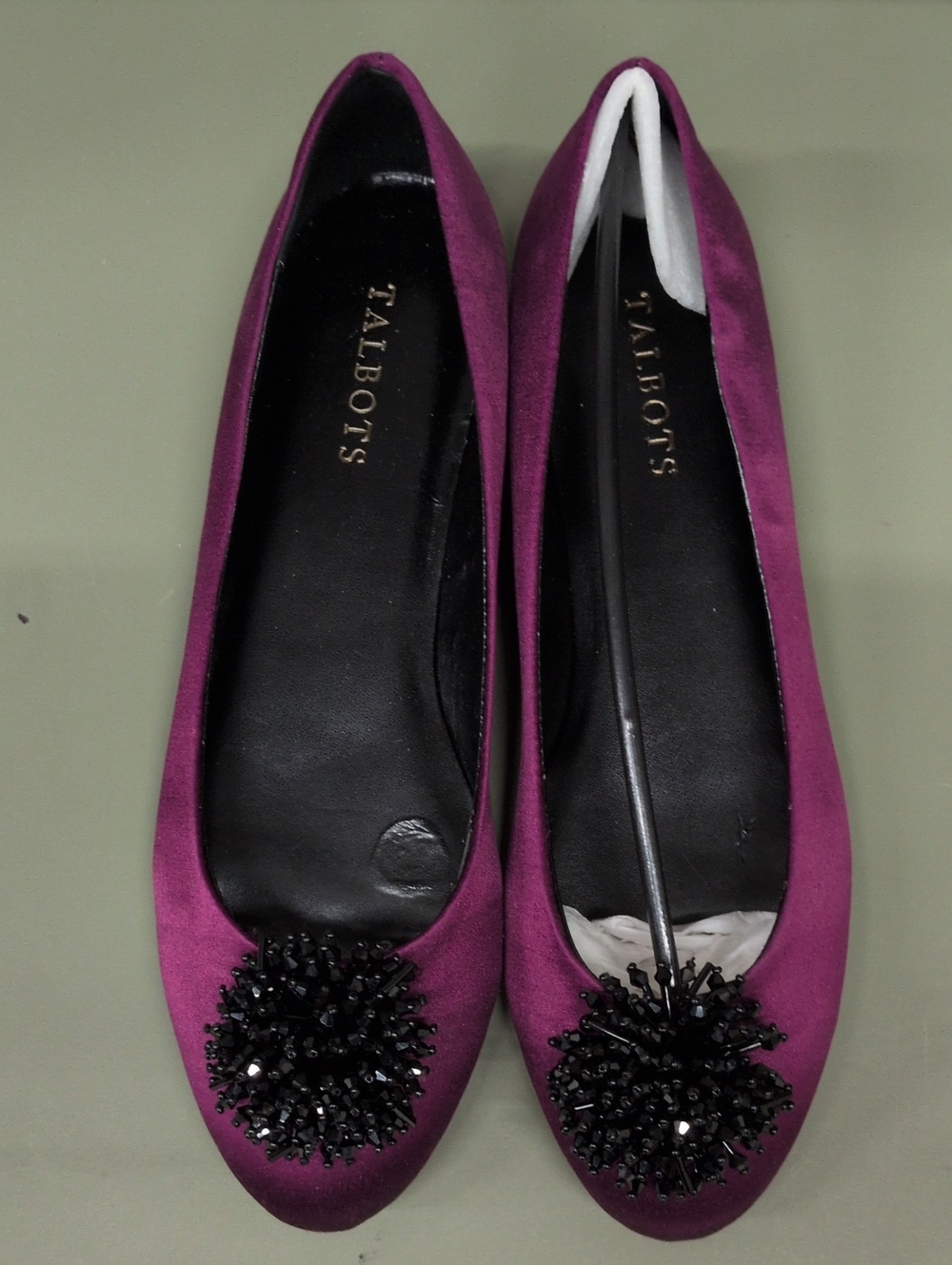 Talbots Plum Satin Ballet Flats with Black Beaded Pom